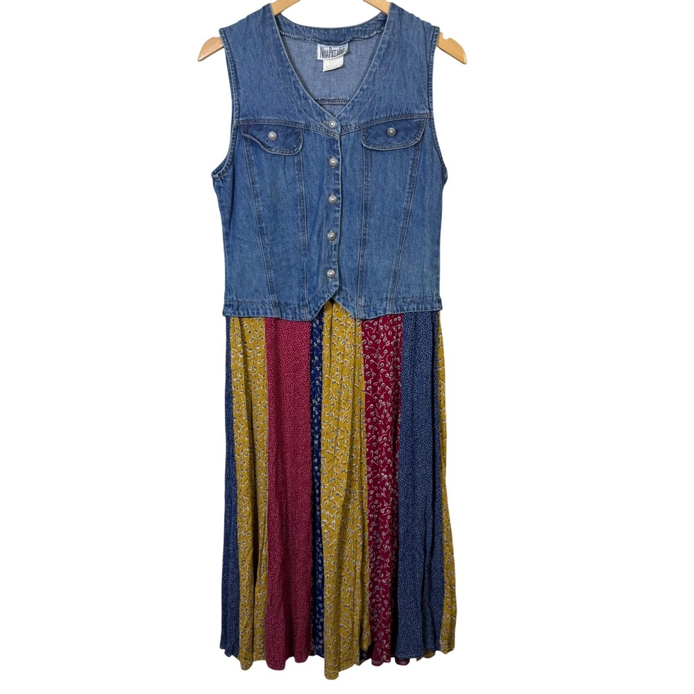 Nina Piccalino Vintage Dress 8 Medium Denim Vest‎ Maxi Skirt Patchwork 90s Flowy